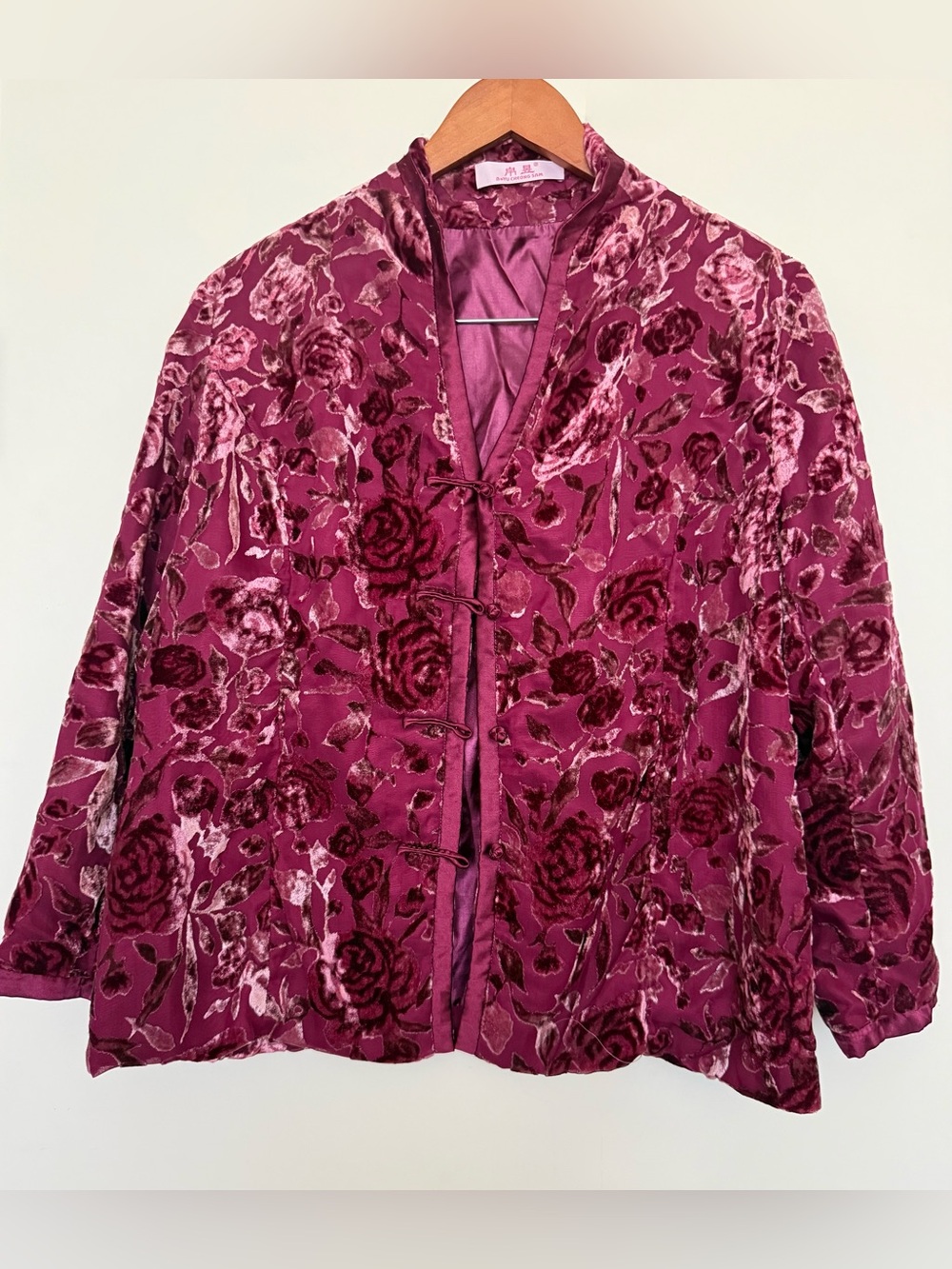 VTG Floral Crush Velvet Burnout Mandarin Collar FrogmanClasp Cheongsam Jacket L